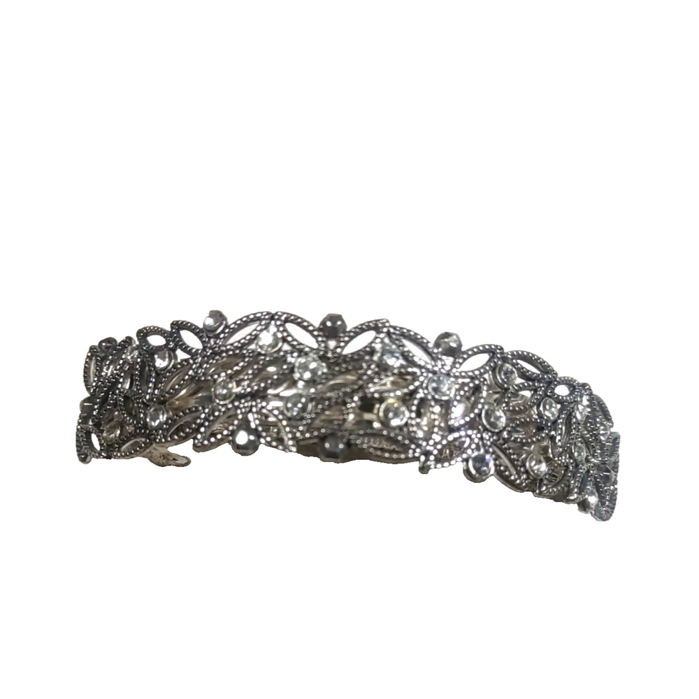 Silver Tone Cut Leaf Design Hair Barrettes Tension Clip Rhinestone